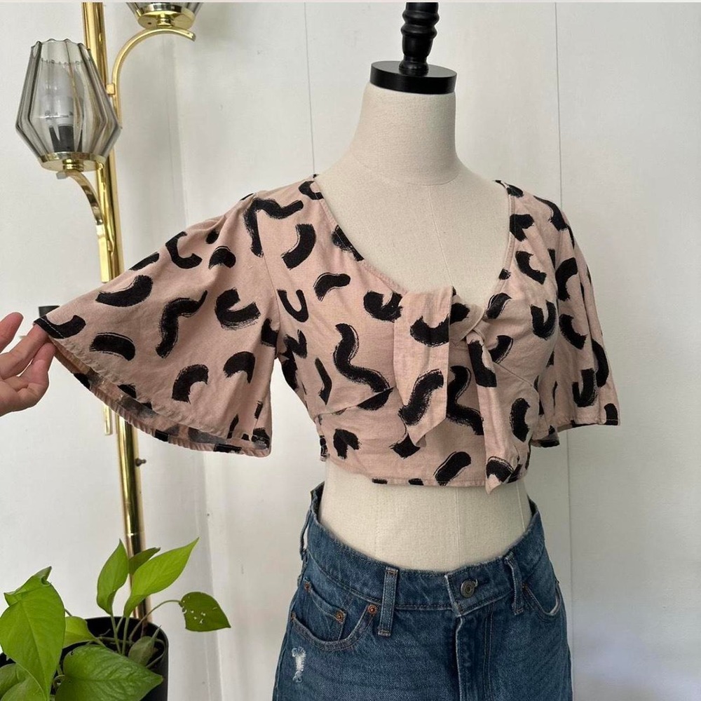 A New Day Womens Pink Black Graphic Print Tie Front Crop Top XS